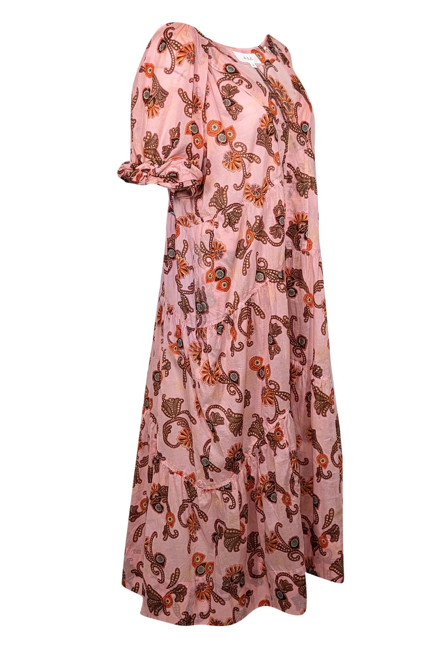 A.L.C. - Pink & Orange Paisley Print Cotton Tiered Midi Dress Sz 10