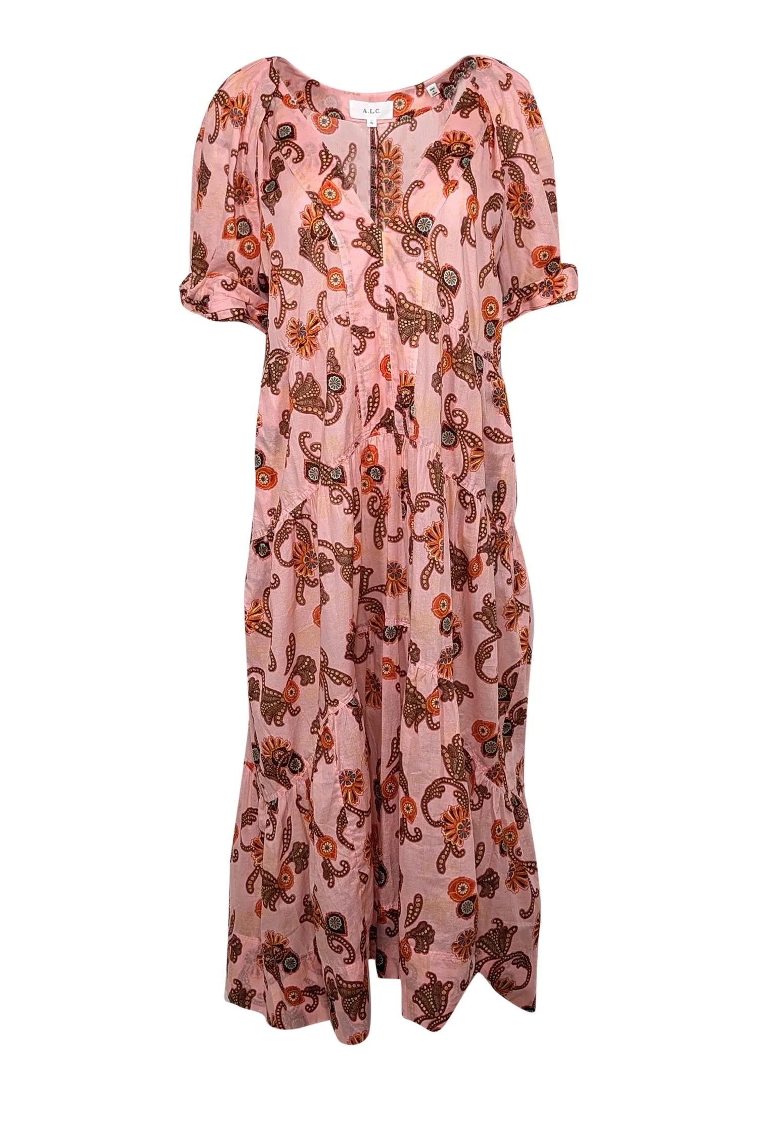 A.L.C. - Pink & Orange Paisley Print Cotton Tiered Midi Dress Sz 10