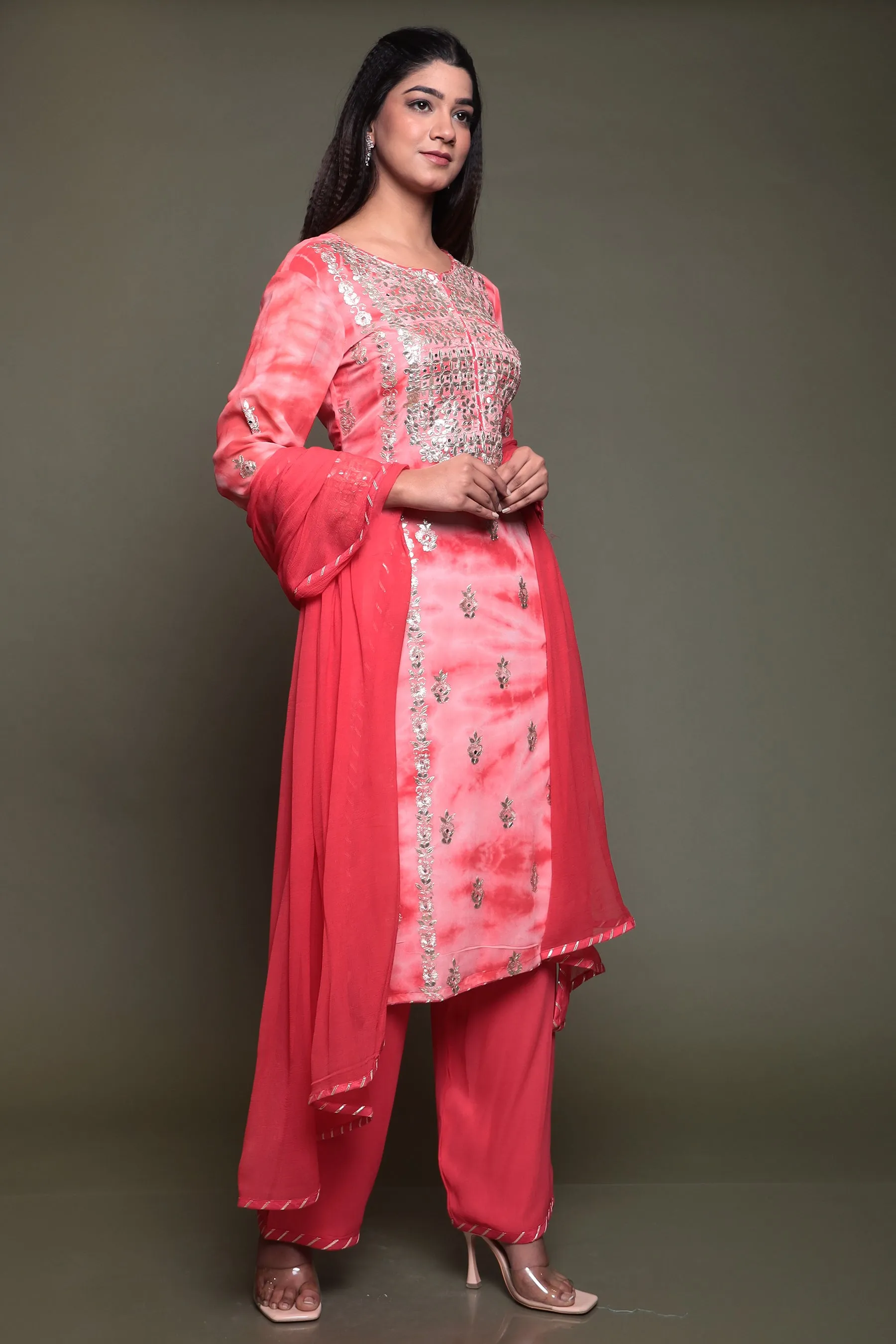 Bandhej Chinon silk Suit with Aari, Gota Patti, Thread work.