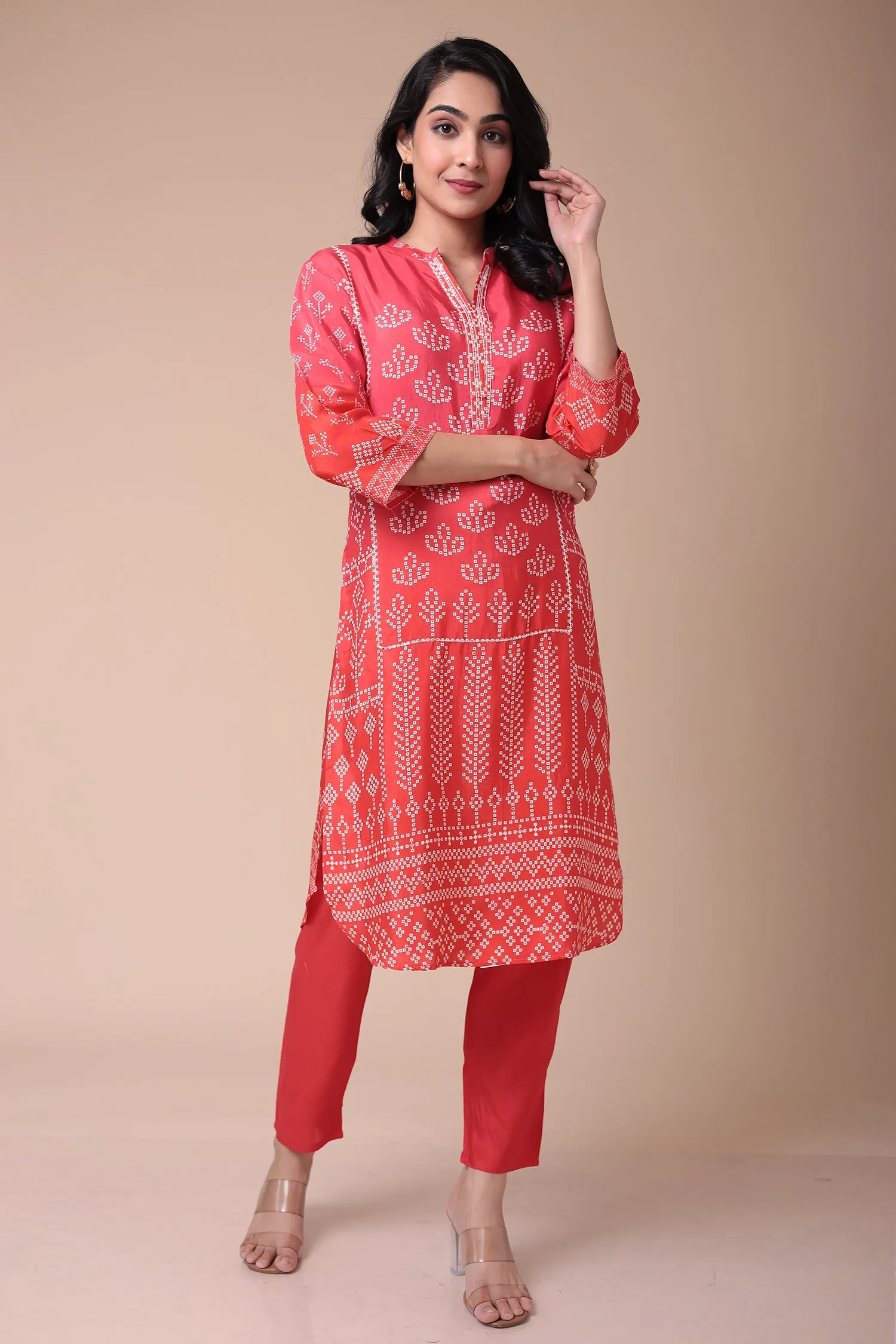 Bandhej Silk Blend Kurta Set with Embroidered work