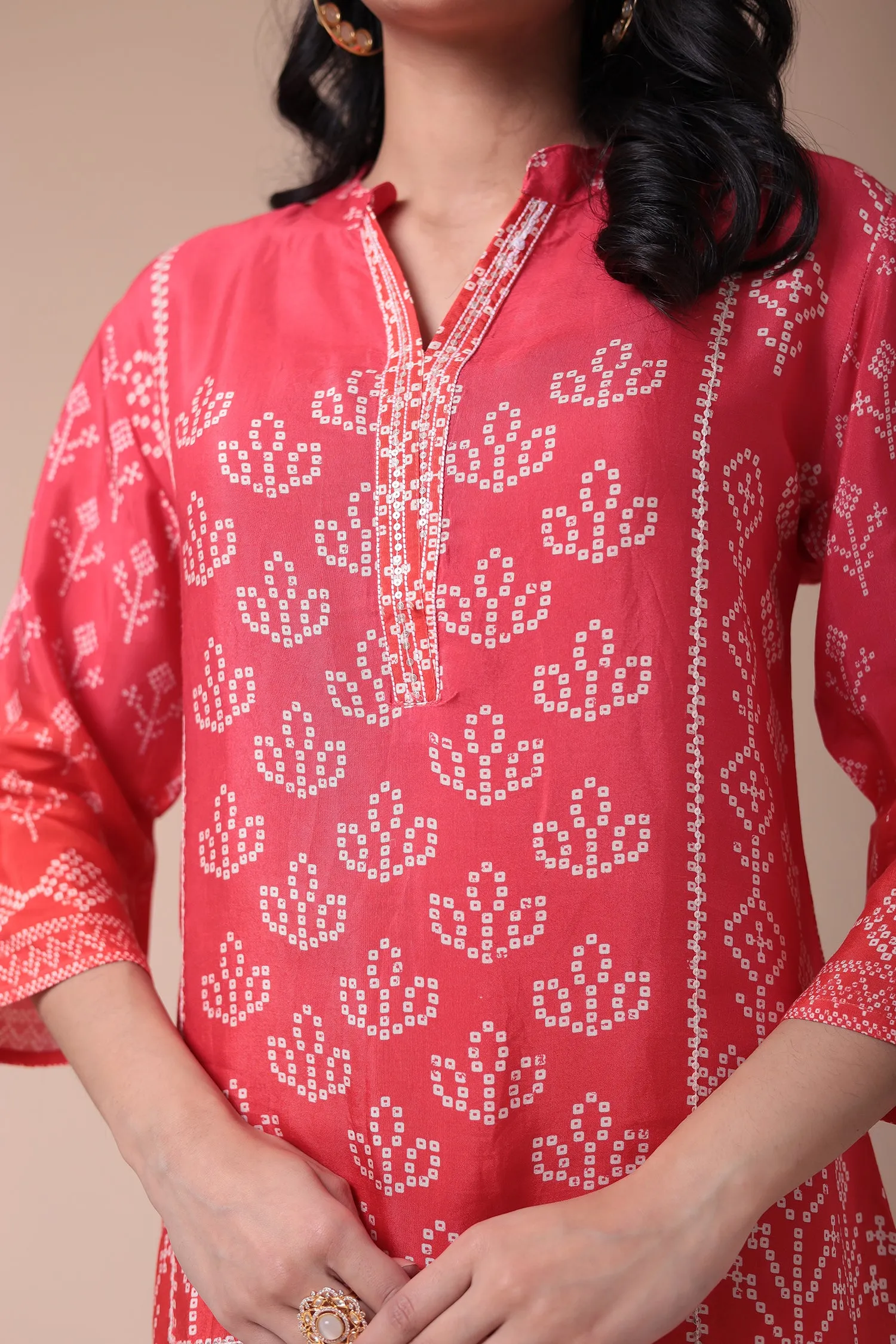 Bandhej Silk Blend Kurta Set with Embroidered work