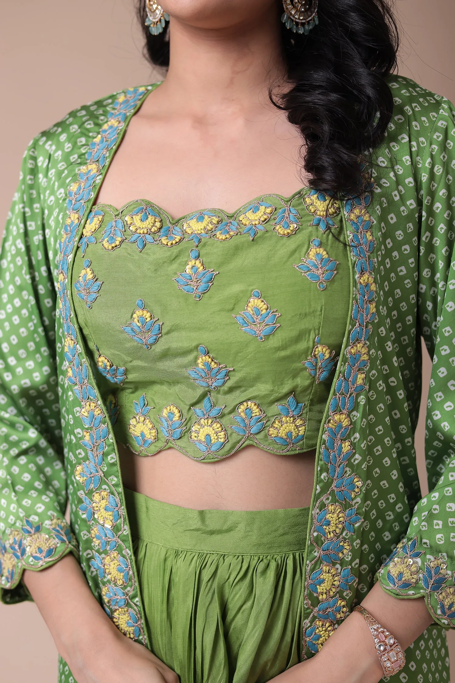 Bandhej Silk Jacket Style Indowestern with Dori and Embroidered work.