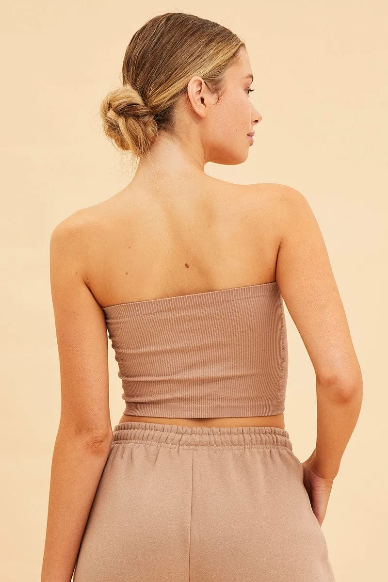 Beige Seamless Bandeau Crop Rib