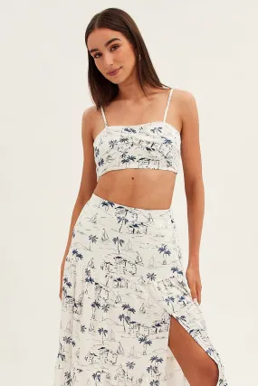 Blue Abstract Crop Top Adjustable Straps Printed Satin