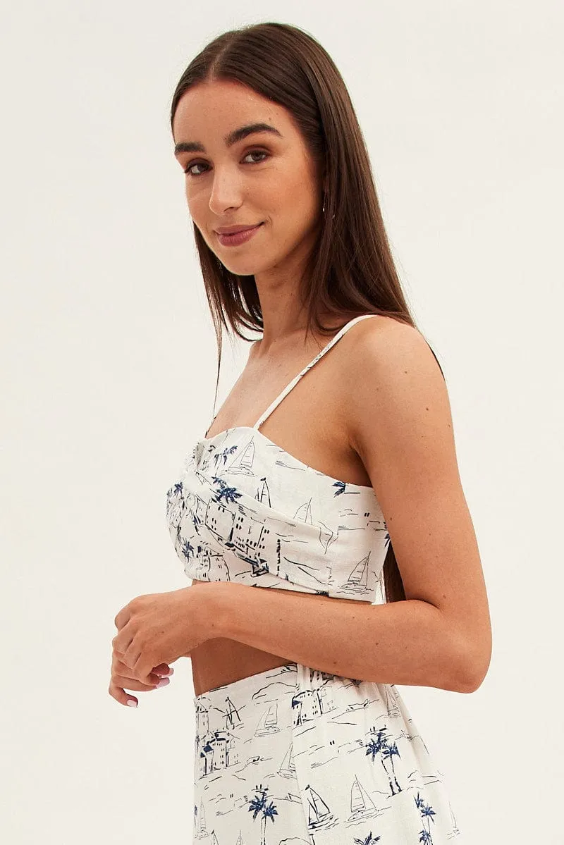 Blue Abstract Crop Top Adjustable Straps Printed Satin