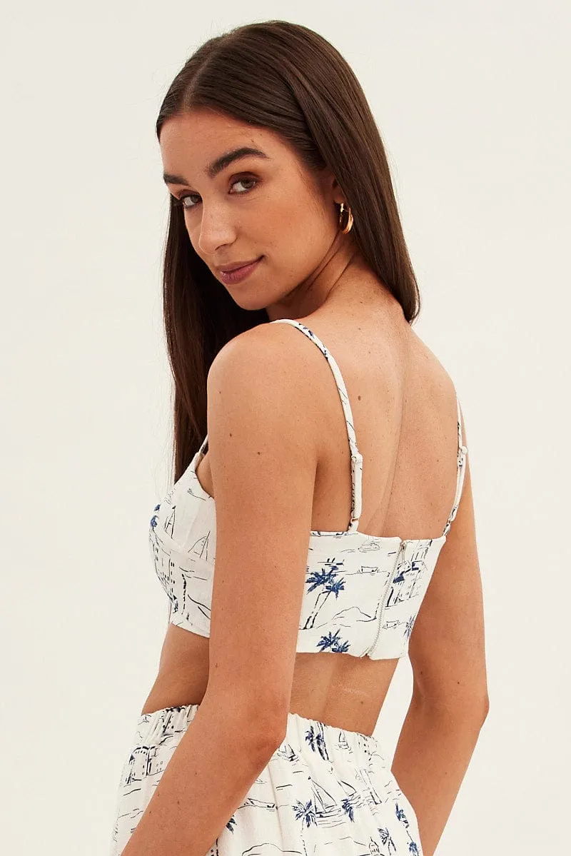 Blue Abstract Crop Top Adjustable Straps Printed Satin