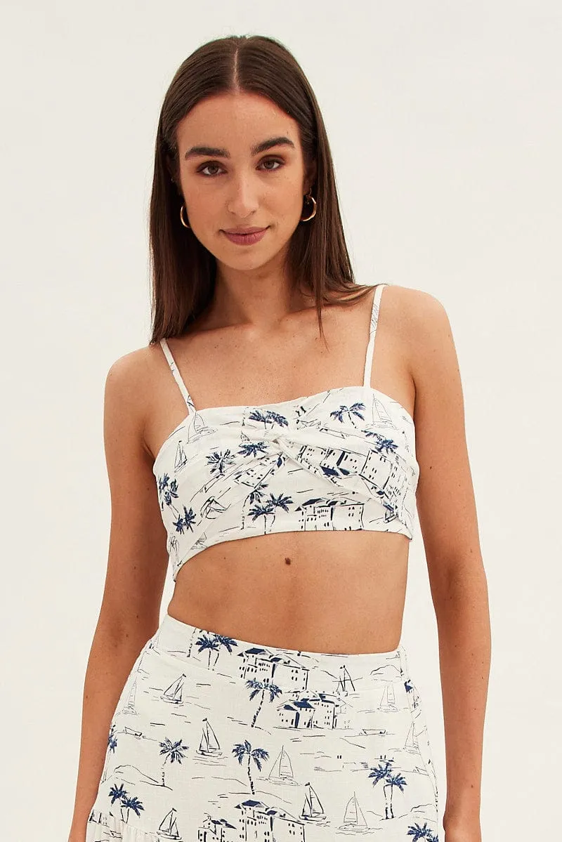 Blue Abstract Crop Top Adjustable Straps Printed Satin