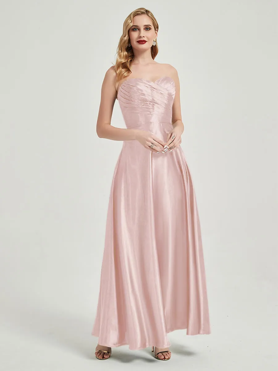 Blush Satin Sweetheart Strapless Floor Length Pleated Bridesmaid Dress