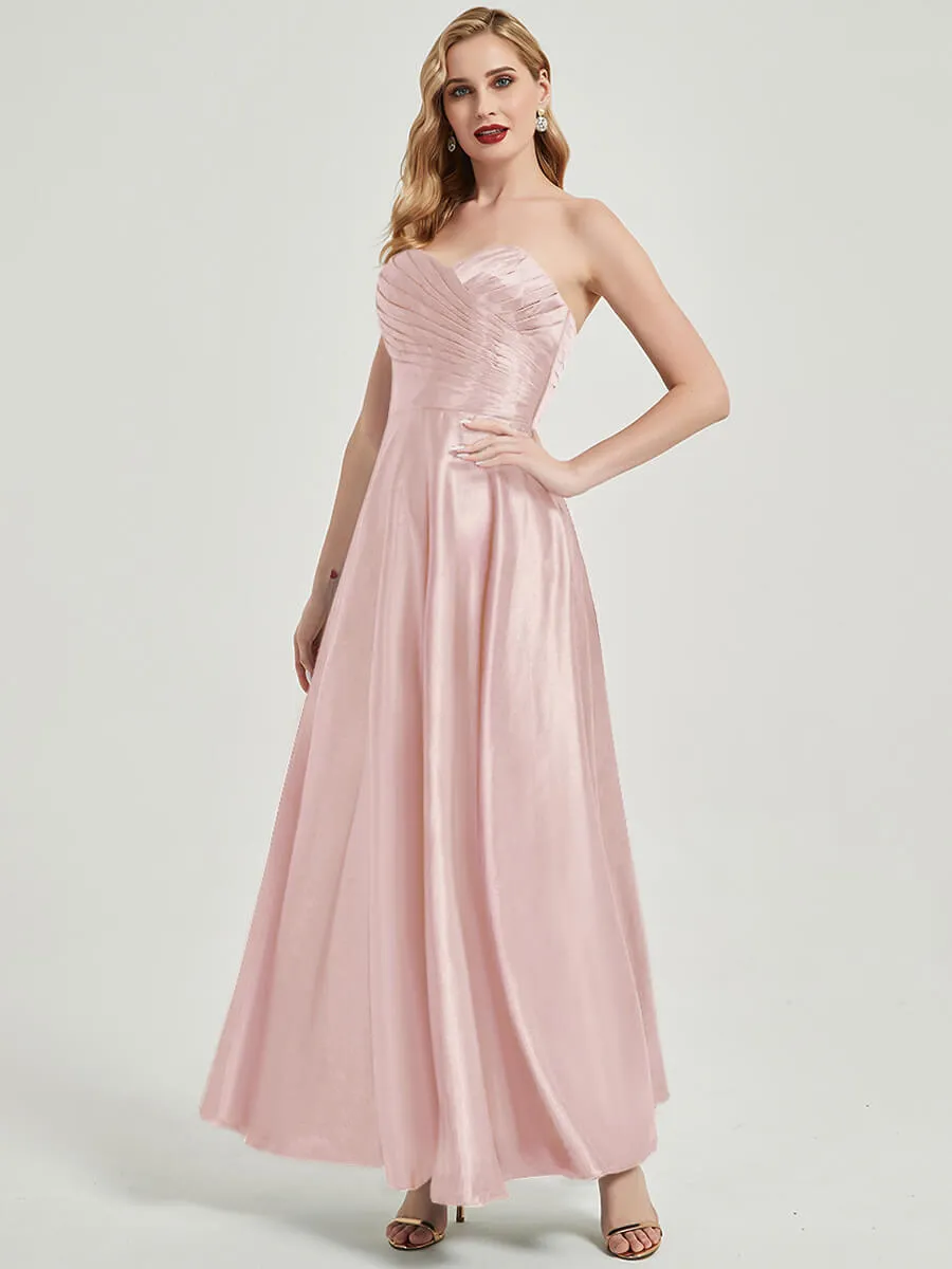 Blush Satin Sweetheart Strapless Floor Length Pleated Bridesmaid Dress