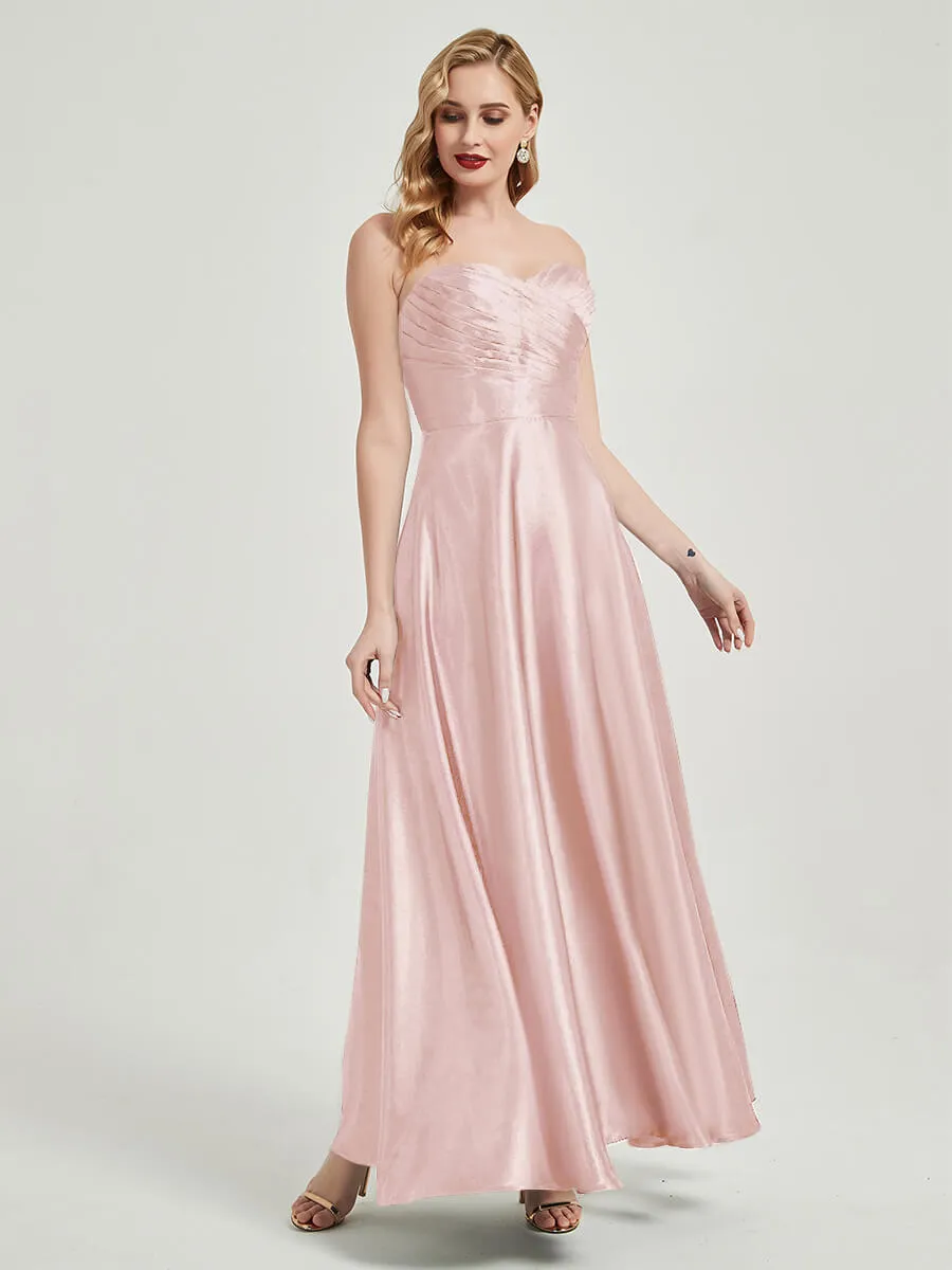 Blush Satin Sweetheart Strapless Floor Length Pleated Bridesmaid Dress