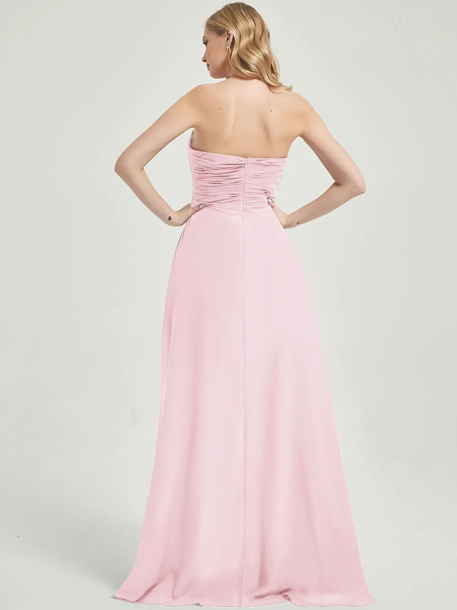 Blush Strapless A-Line Floor-Length Empire Bridesmaid Dress With Slit