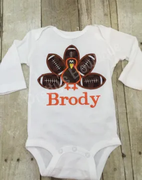 Boy Thanksgiving Outfit -- T Shirt or Bodysuit Personalized with Name, Footballs and Turkey - Sizes Newborn to Youth XL