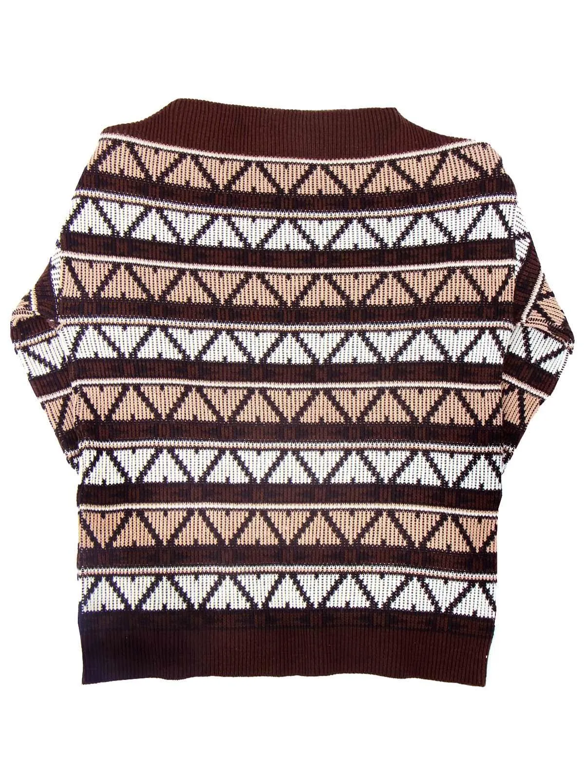 Brown Geometric Pattern Vintage Boat Neck Jumper