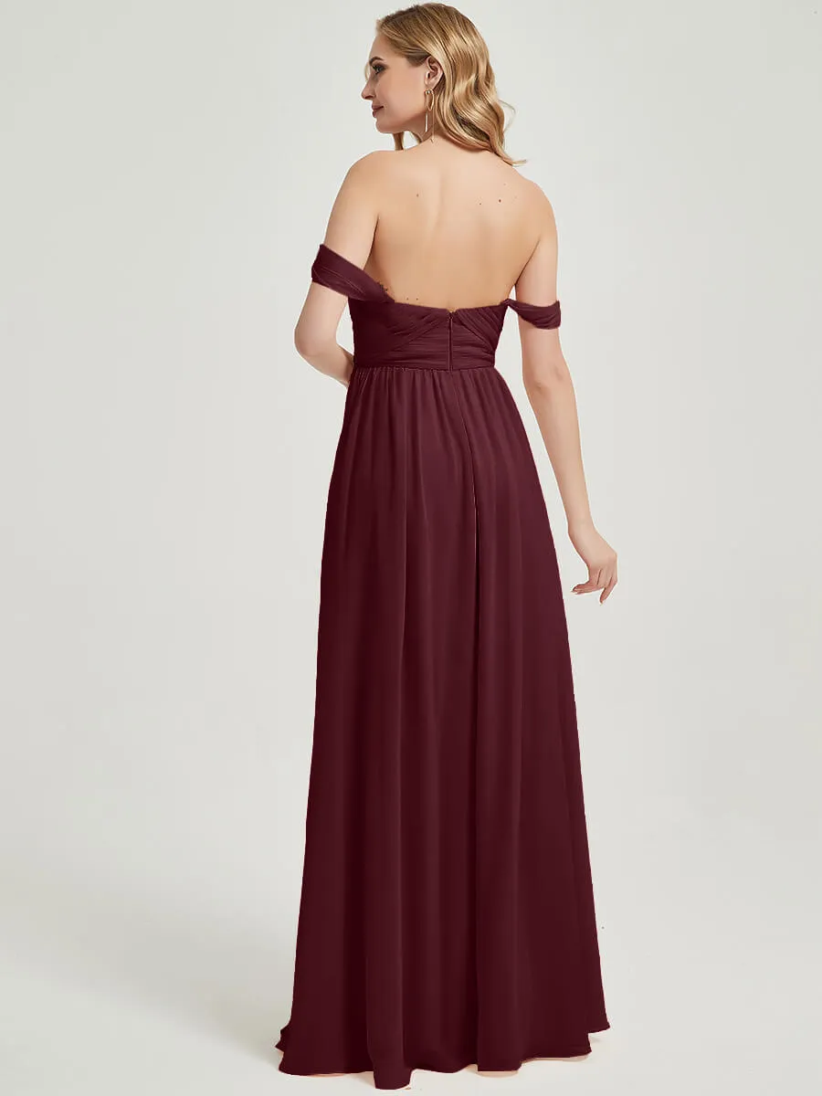 Burgundy Pleated Convertible Floor Length Chiffon Bridesmaid Dress