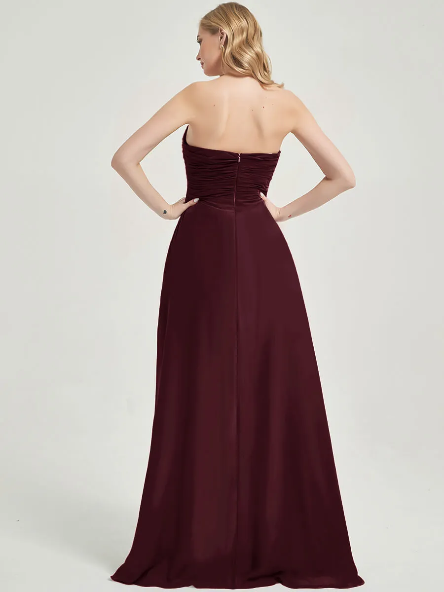 Burgundy Strapless Floor-Length Empire Bridesmaid Dress With Slit