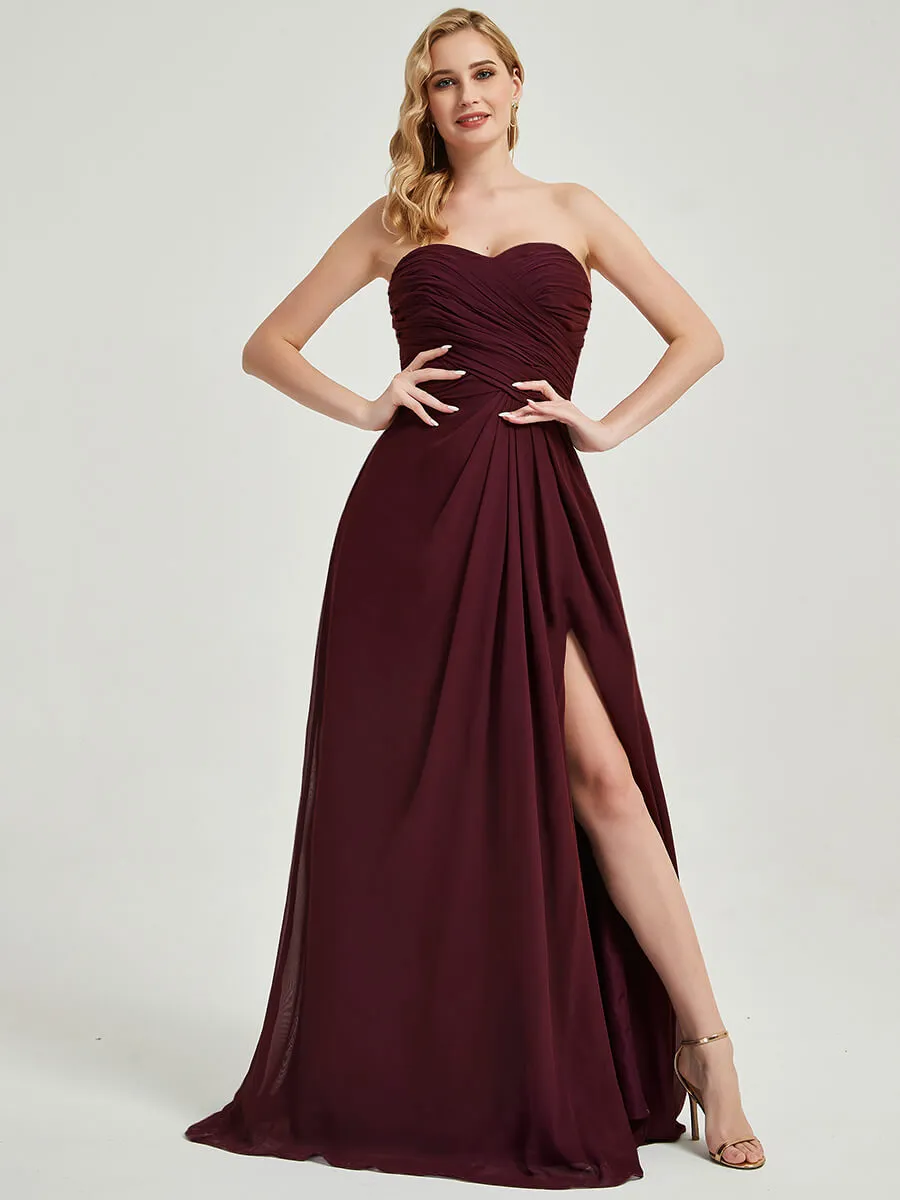 Burgundy Strapless Floor-Length Empire Bridesmaid Dress With Slit