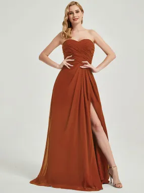 Burnt Orange Strapless Floor-Length Empire Bridesmaid Dress With Slit