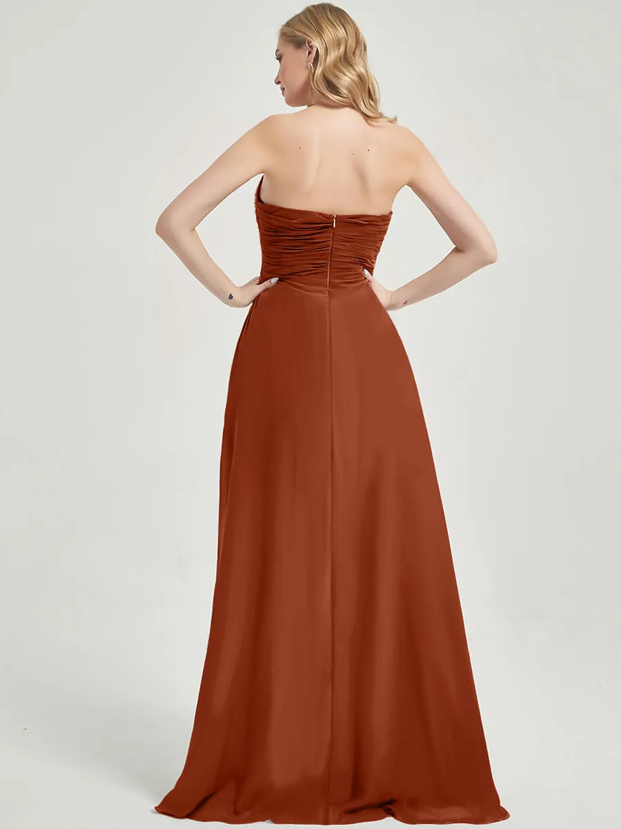 Burnt Orange Strapless Floor-Length Empire Bridesmaid Dress With Slit