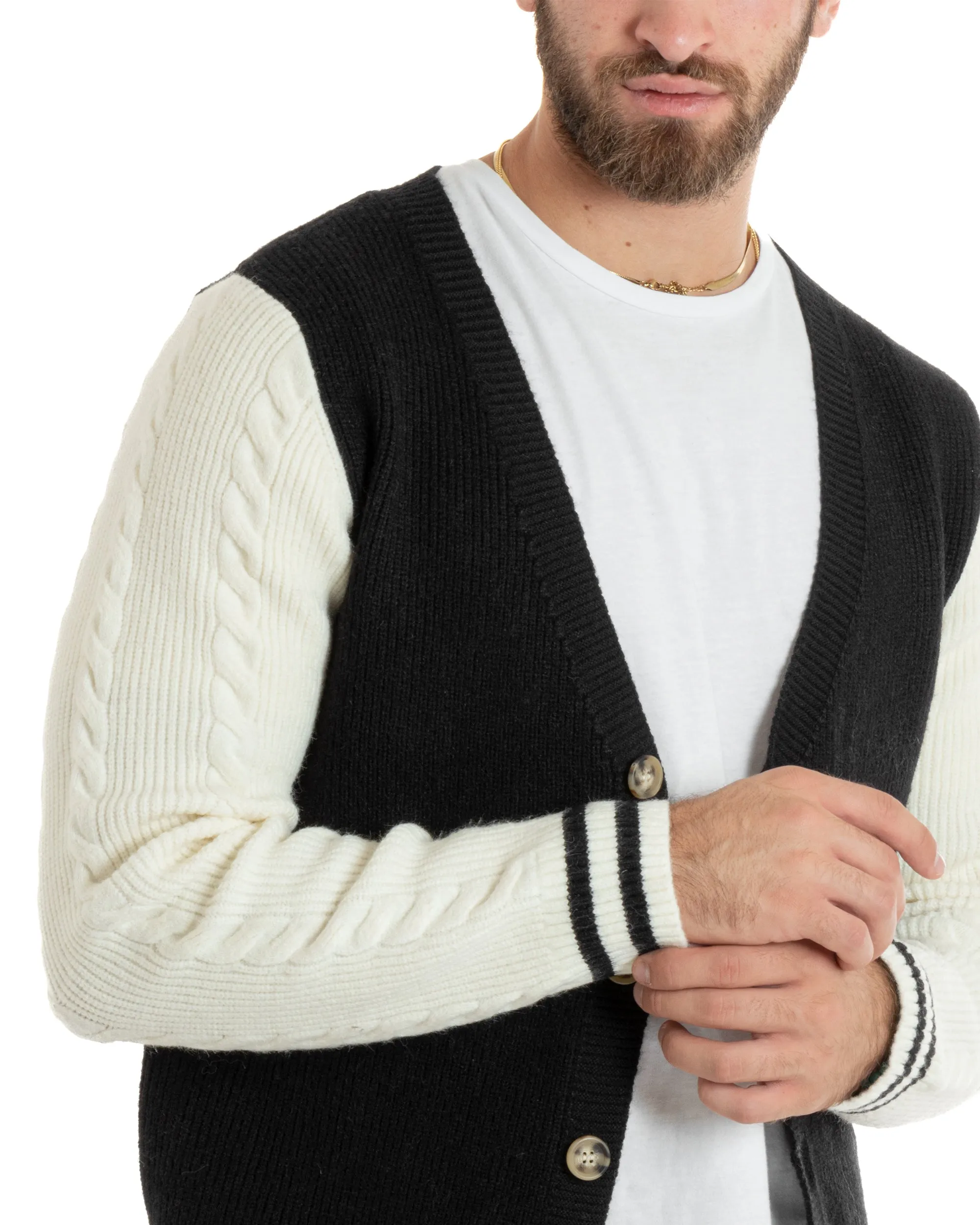 Cardigan Uomo Giacca Con Bottoni Maglia Inglese Maglioncino Trecce Nero Casual GIOSAL-M2742A