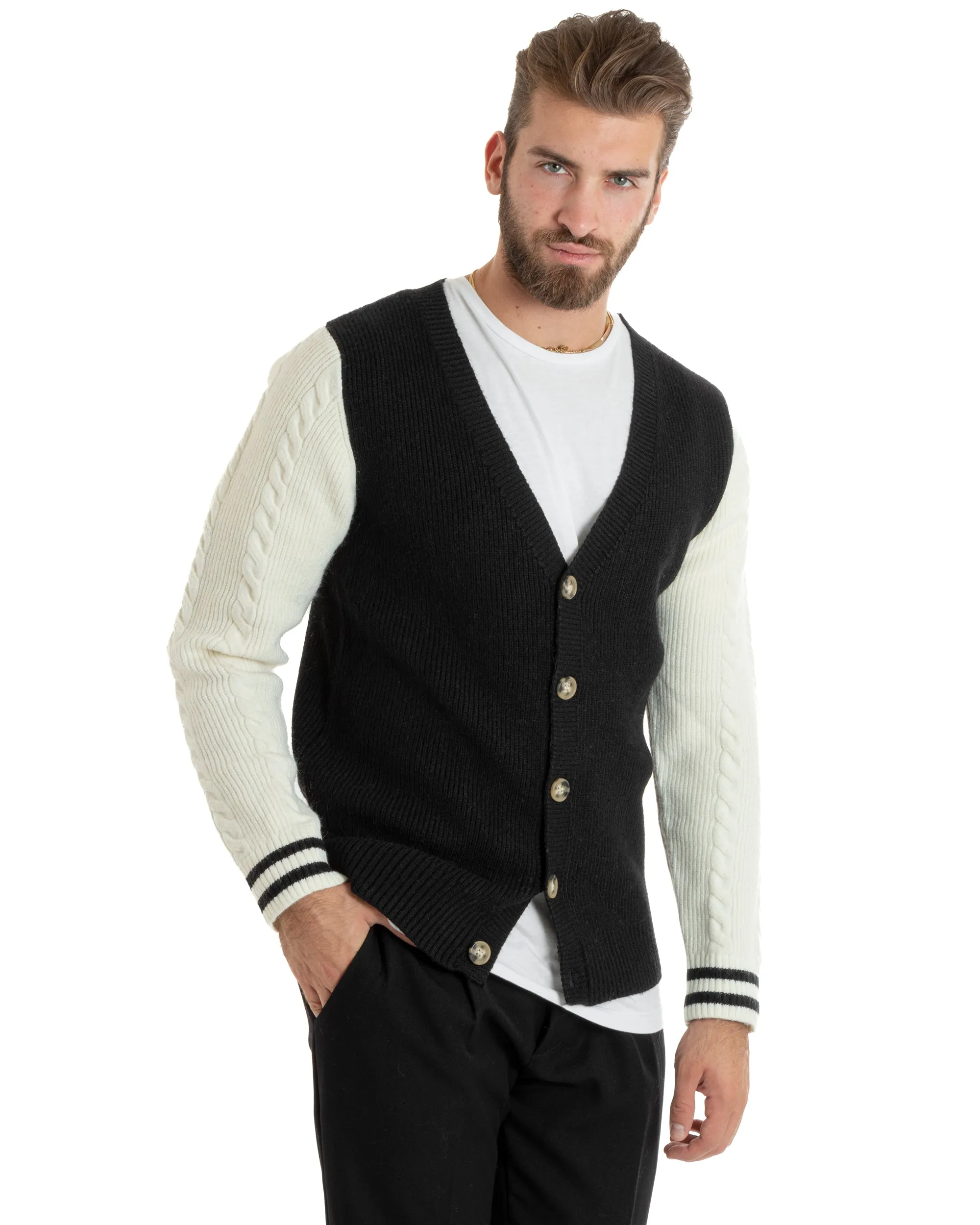 Cardigan Uomo Giacca Con Bottoni Maglia Inglese Maglioncino Trecce Nero Casual GIOSAL-M2742A