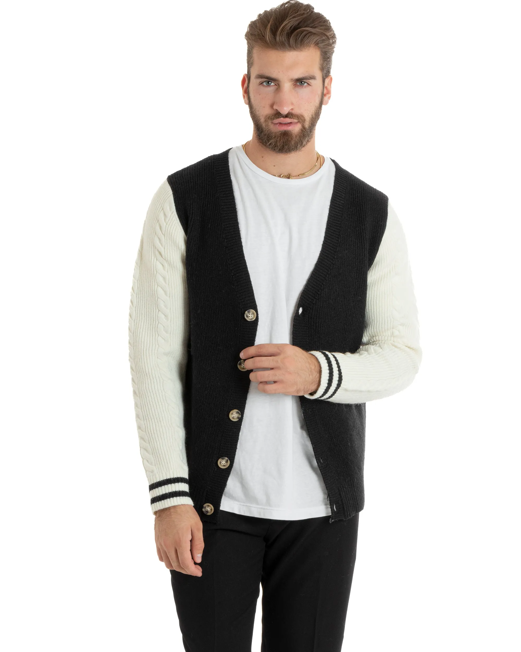 Cardigan Uomo Giacca Con Bottoni Maglia Inglese Maglioncino Trecce Nero Casual GIOSAL-M2742A