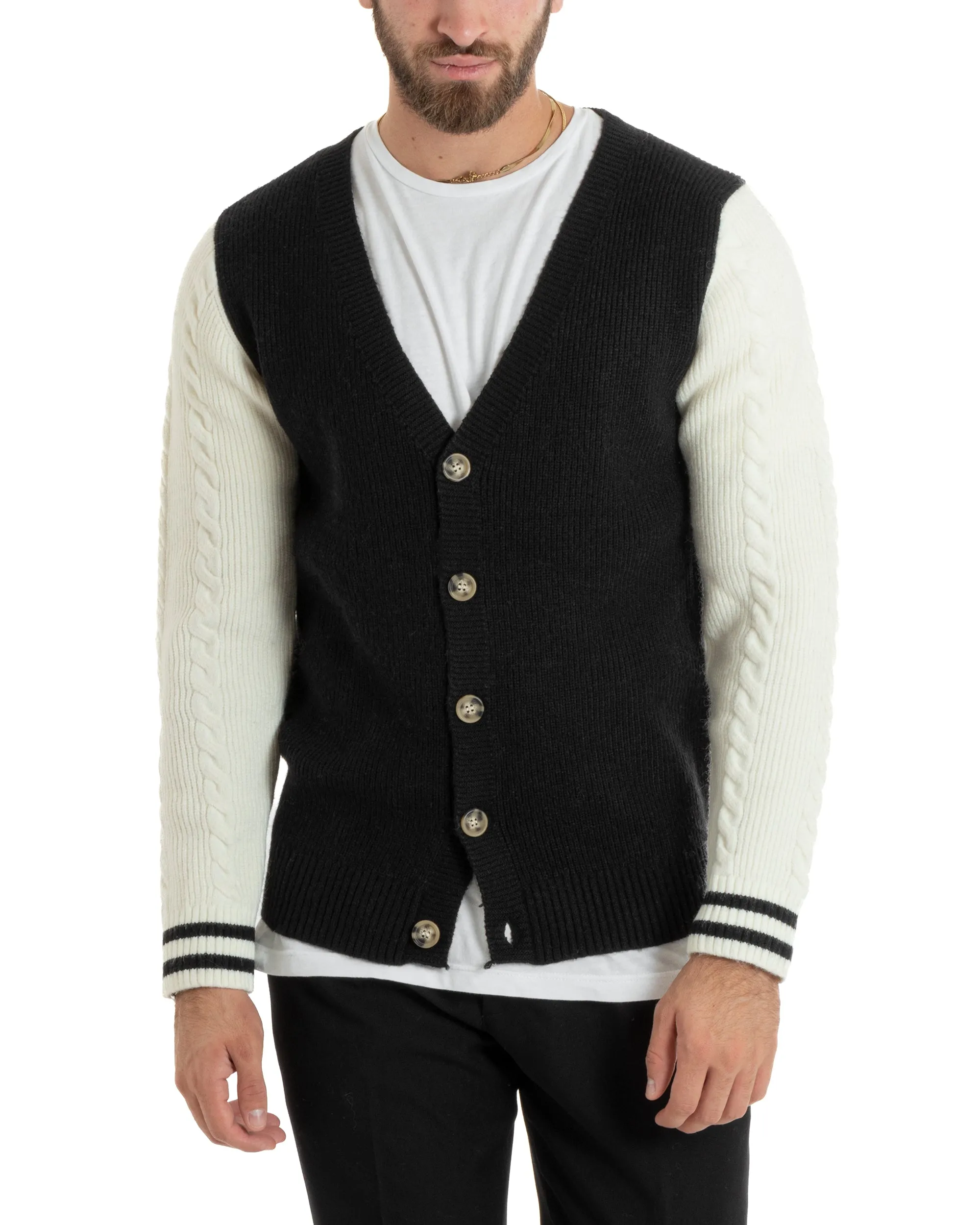 Cardigan Uomo Giacca Con Bottoni Maglia Inglese Maglioncino Trecce Nero Casual GIOSAL-M2742A