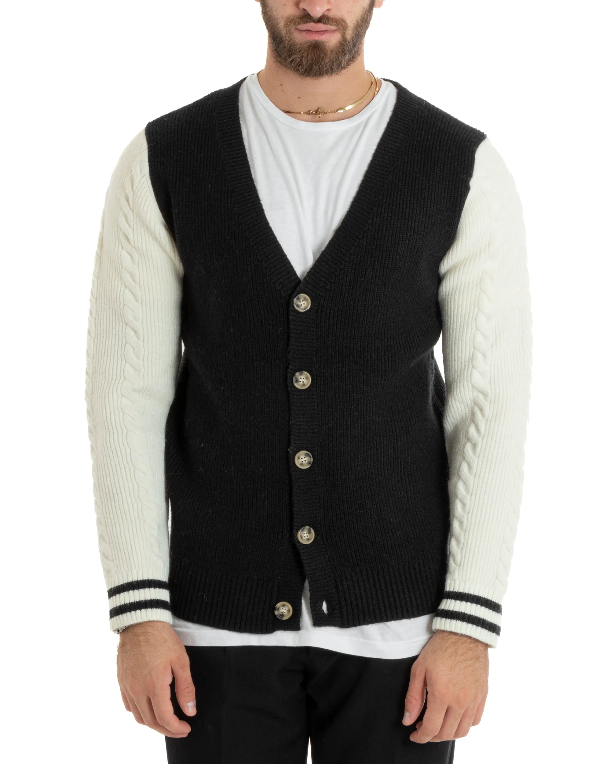 Cardigan Uomo Giacca Con Bottoni Maglia Inglese Maglioncino Trecce Nero Casual GIOSAL-M2742A