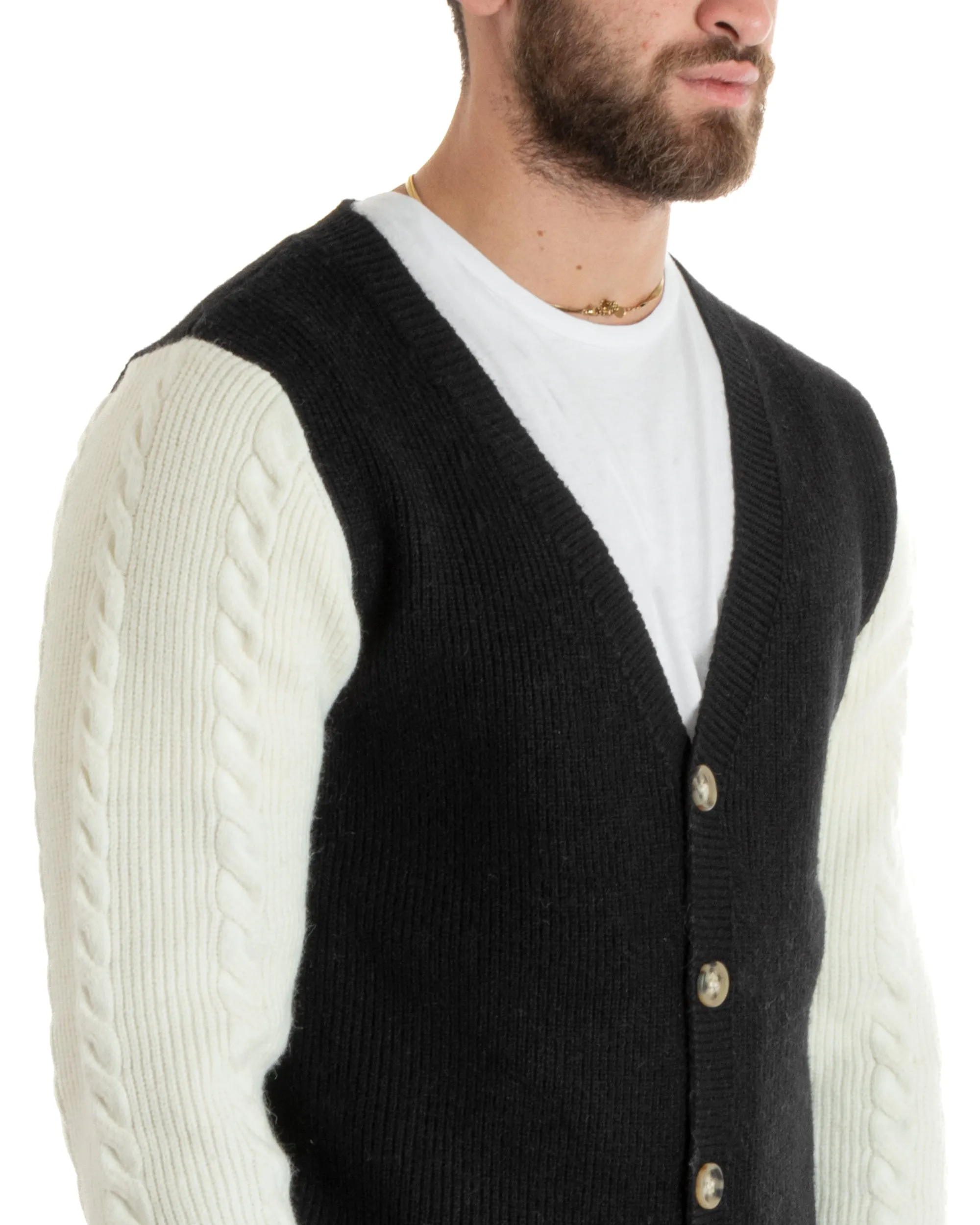 Cardigan Uomo Giacca Con Bottoni Maglia Inglese Maglioncino Trecce Nero Casual GIOSAL-M2742A