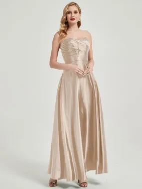 Champagne Satin Sweetheart Strapless Floor Length Pleated Bridesmaid Dress