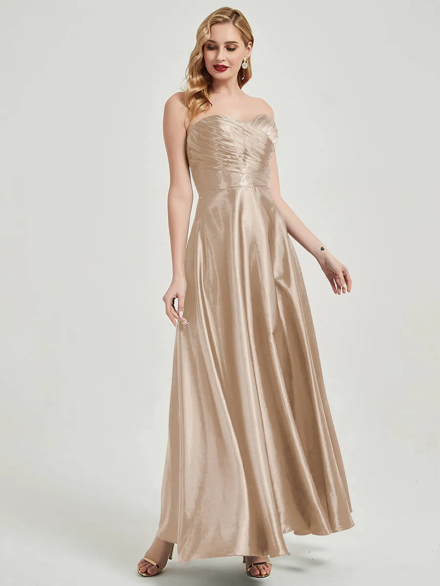 Champagne Satin Sweetheart Strapless Floor Length Pleated Bridesmaid Dress