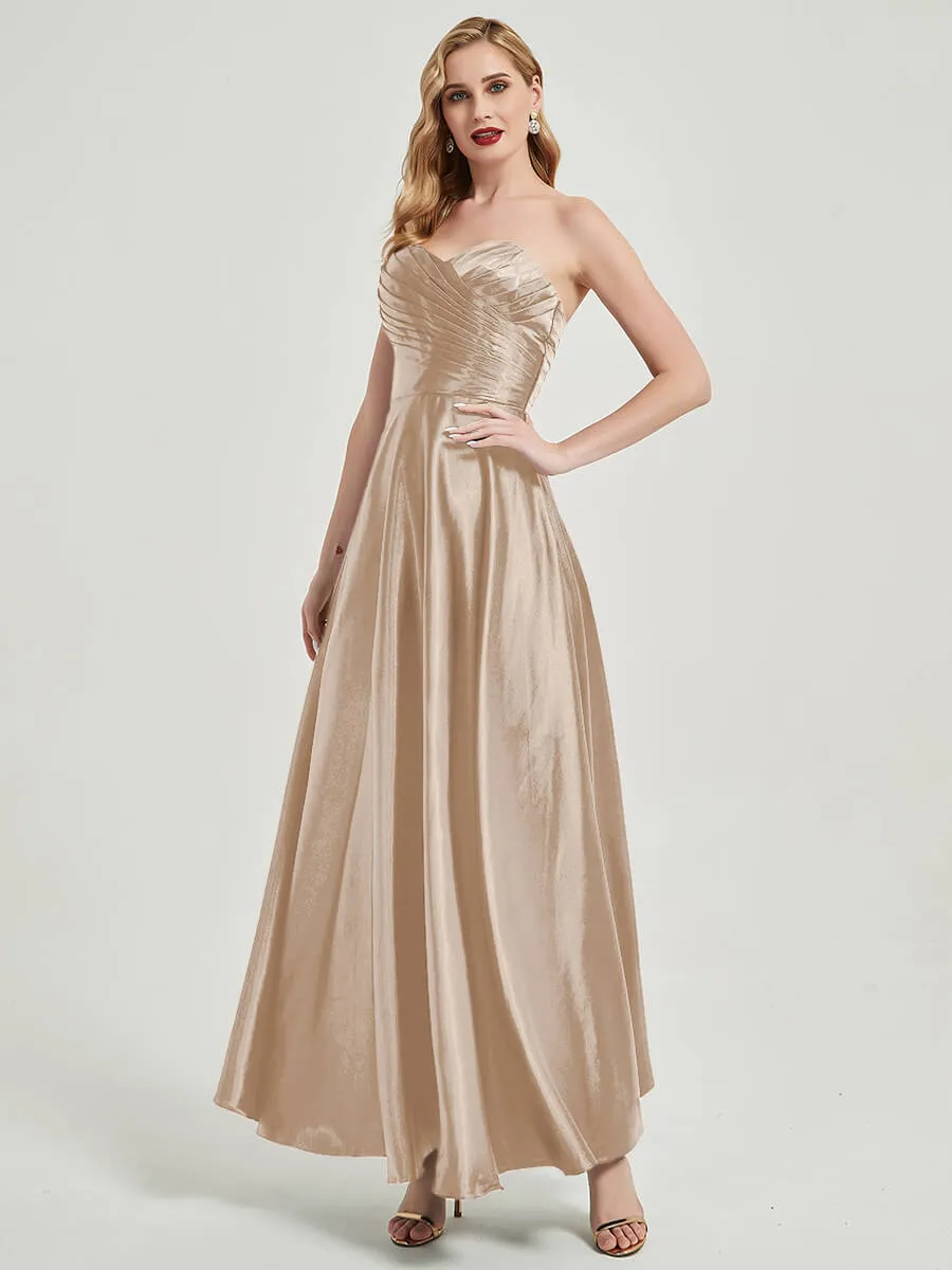 Champagne Satin Sweetheart Strapless Floor Length Pleated Bridesmaid Dress