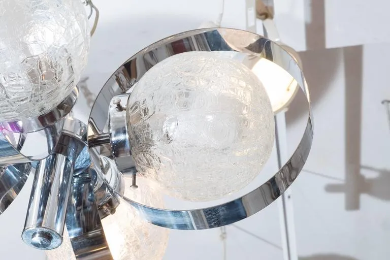 Circa 1970s Italian Chrome Ring Chandelier with Crackle Glass Globes