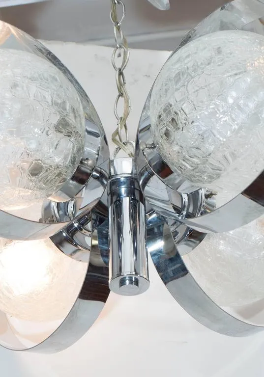 Circa 1970s Italian Chrome Ring Chandelier with Crackle Glass Globes