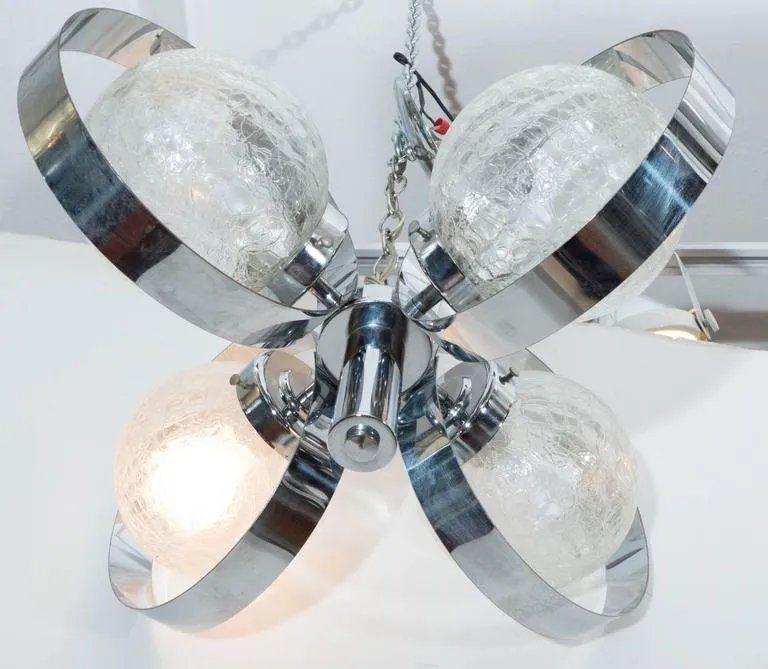 Circa 1970s Italian Chrome Ring Chandelier with Crackle Glass Globes