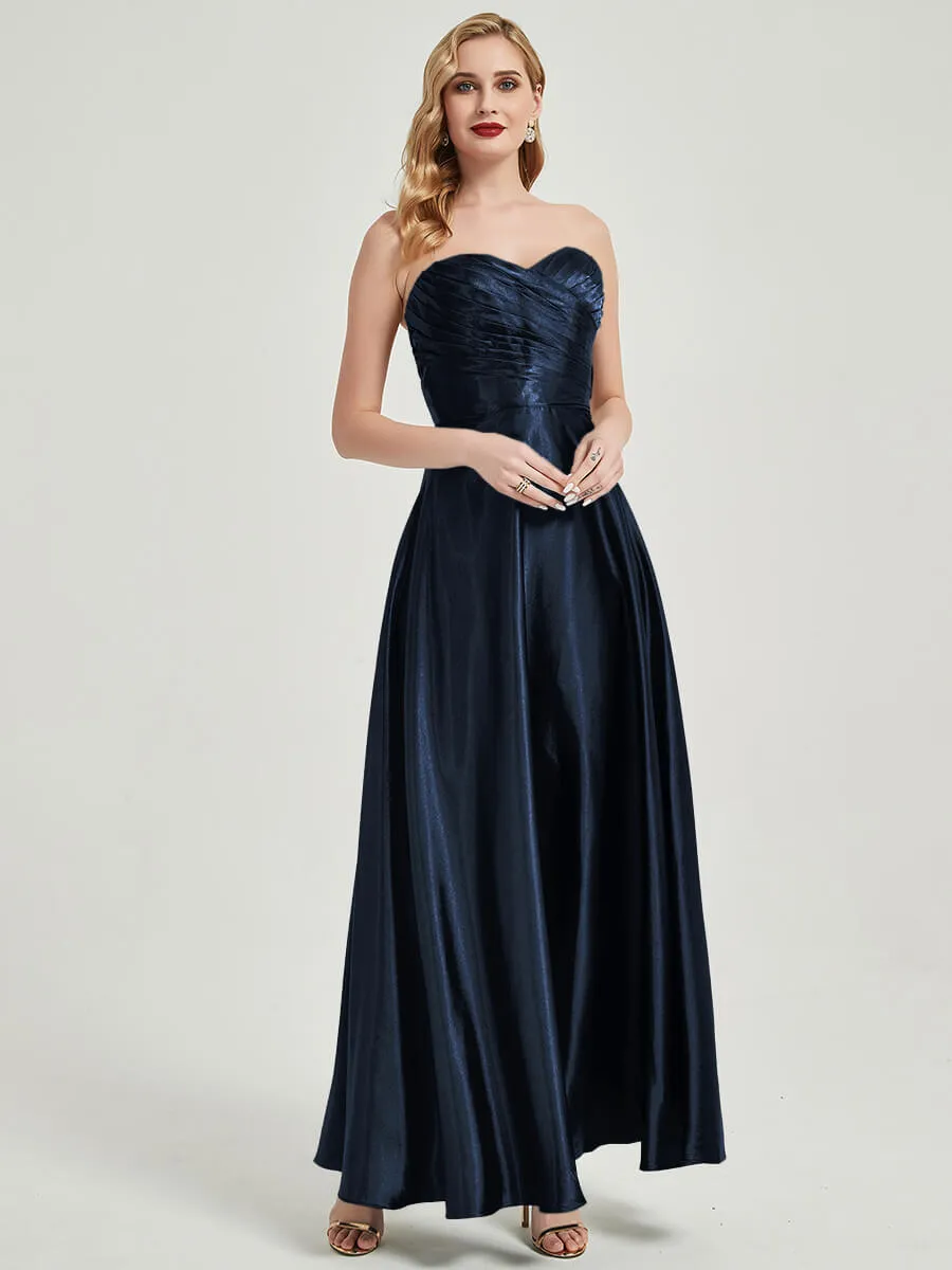 Dark Navy Satin Sweetheart Strapless Maxi Pleated Bridesmaid Dress