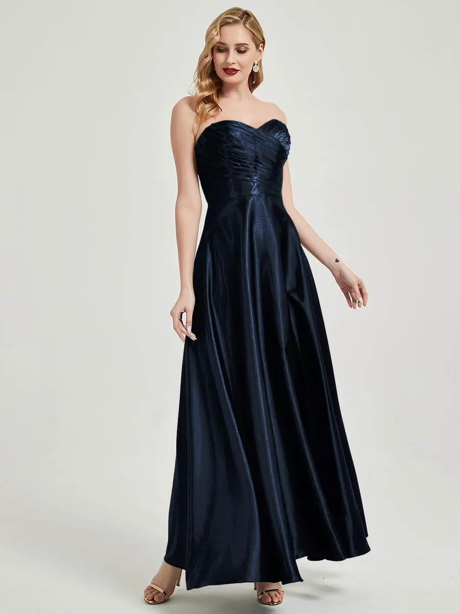 Dark Navy Satin Sweetheart Strapless Maxi Pleated Bridesmaid Dress