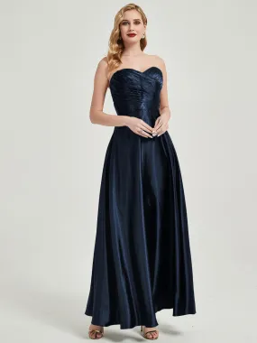 Dark Navy Satin Sweetheart Strapless Maxi Pleated Bridesmaid Dress