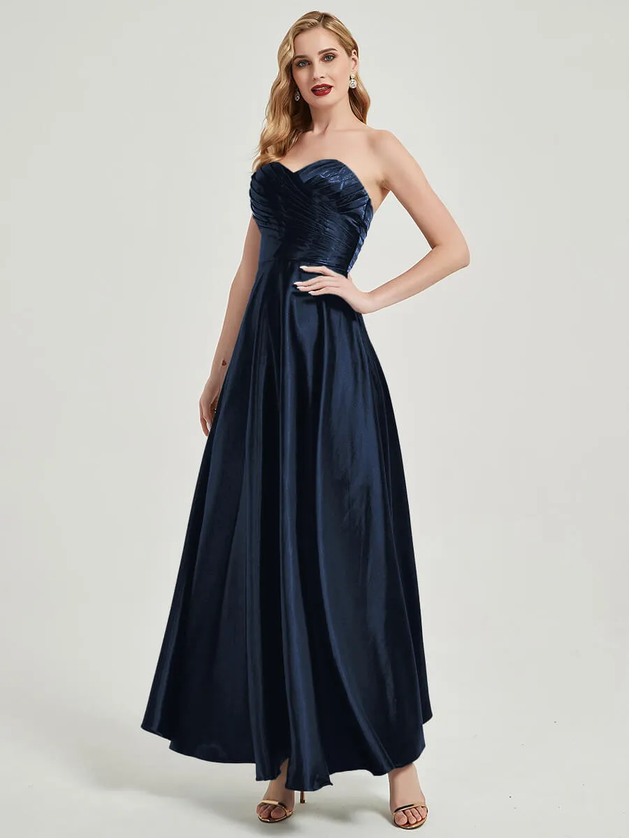 Dark Navy Satin Sweetheart Strapless Maxi Pleated Bridesmaid Dress