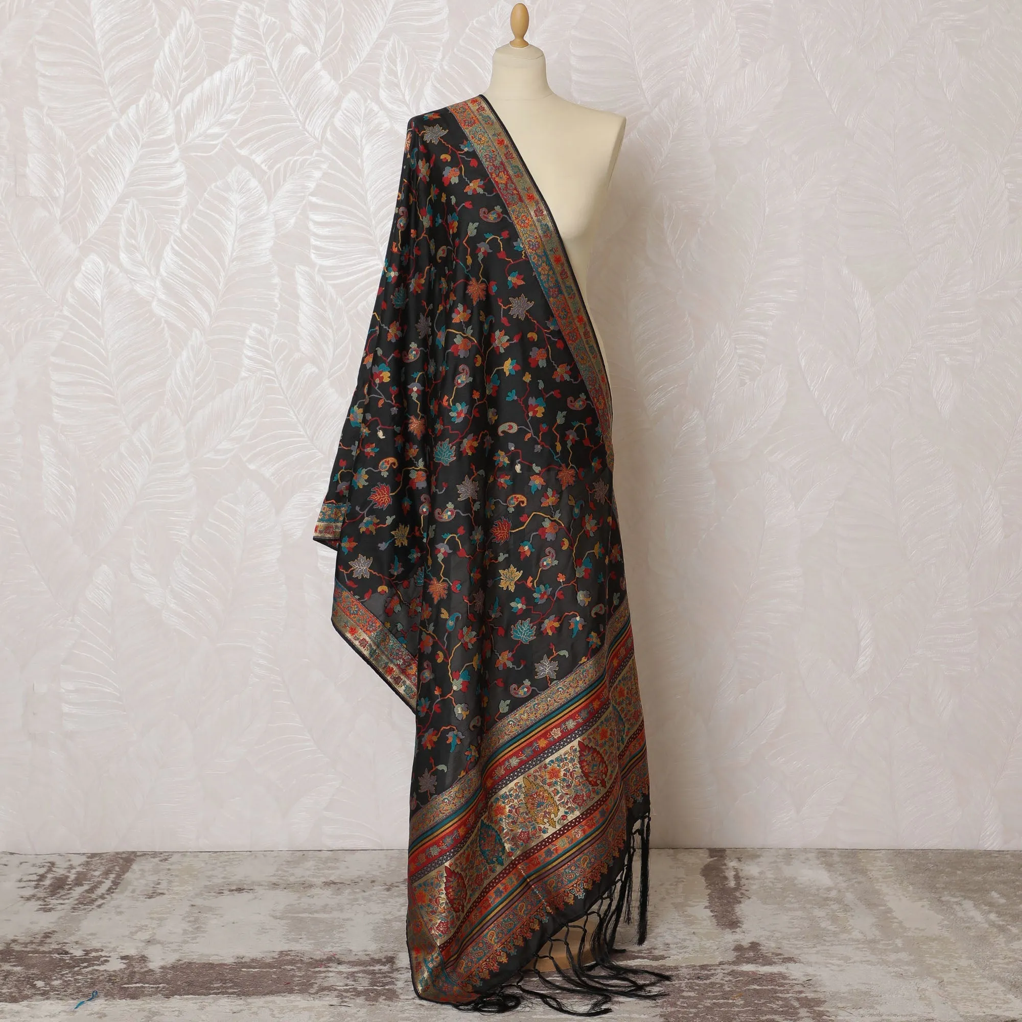 Elegant Charcoal Synthetic Brocade Dupatta with Vibrant Floral and Paisley Accents, 85x245 cm-D19304