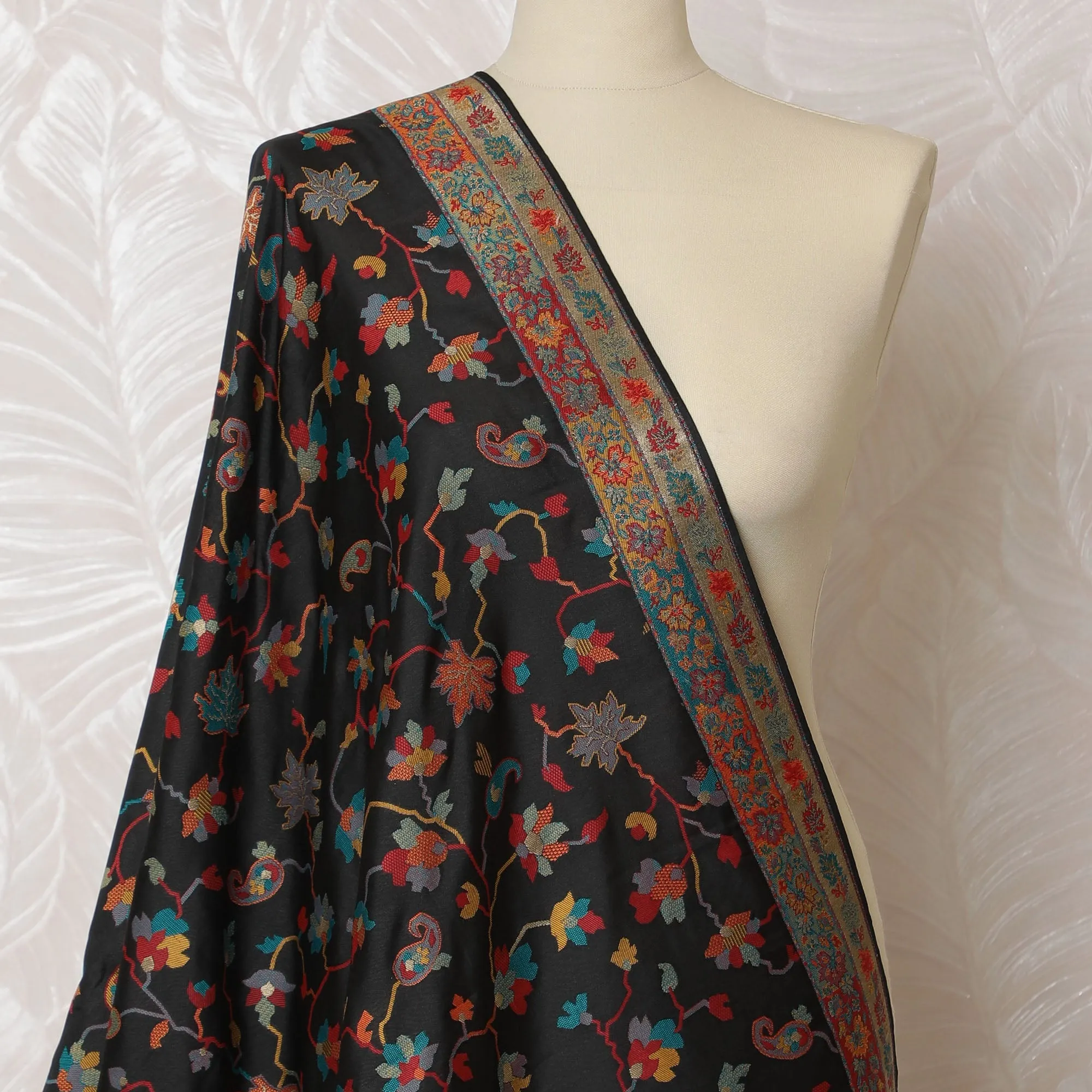 Elegant Charcoal Synthetic Brocade Dupatta with Vibrant Floral and Paisley Accents, 85x245 cm-D19304