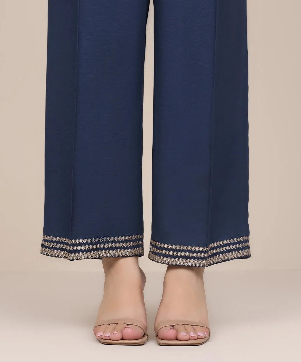 Embroidered Raw Silk Pants