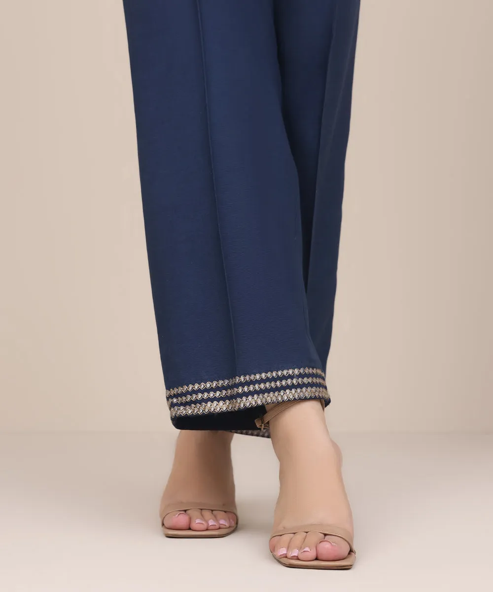 Embroidered Raw Silk Pants