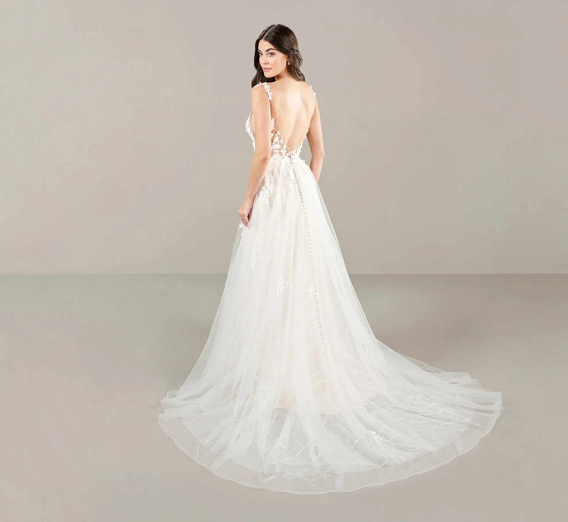 Ethereal A Line Lace Gown In Ivory Almond