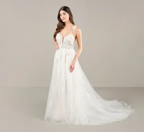 Ethereal A Line Lace Gown In Ivory Almond