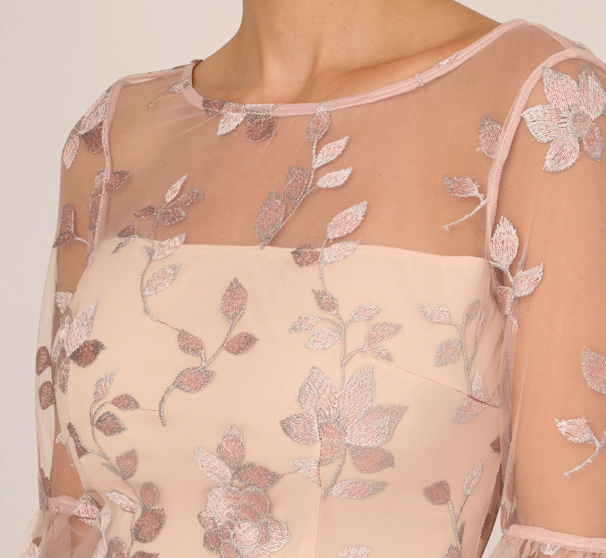 Floral Embroidered Sheath Dress With Scalloped Detail In Champagne Multi