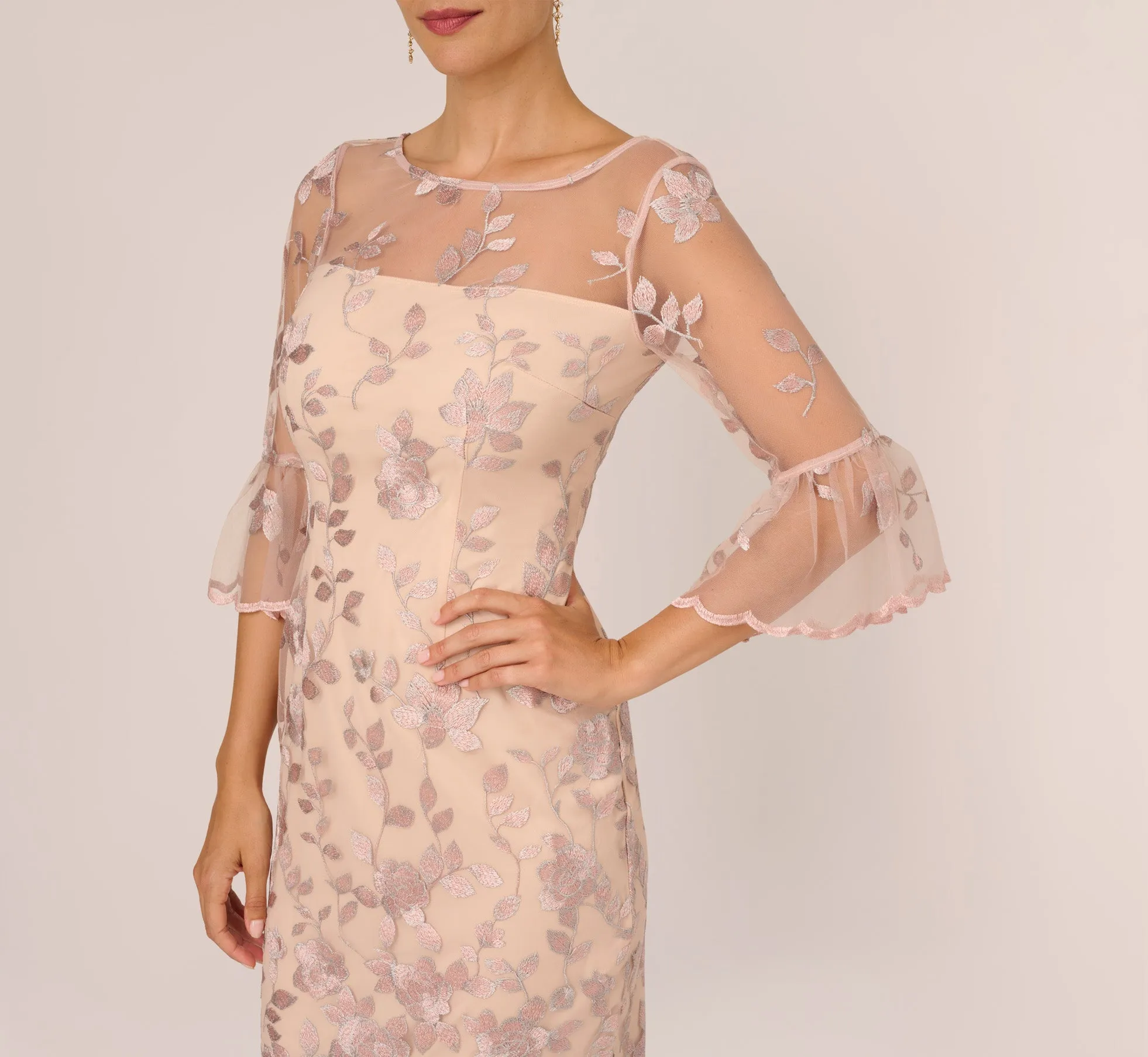 Floral Embroidered Sheath Dress With Scalloped Detail In Champagne Multi