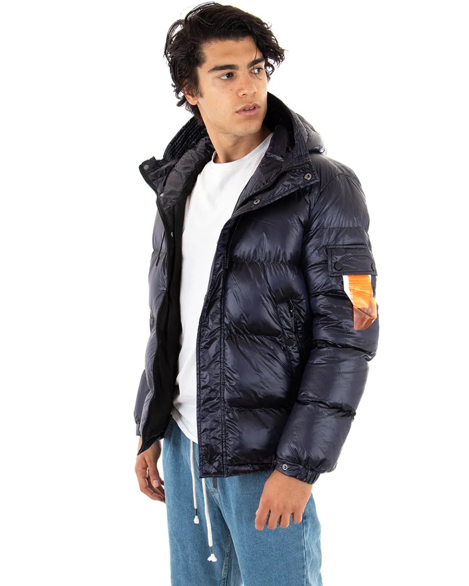 Giubbotto Uomo Bomber Lucido Tinta Unita Blu Puffer Cappuccio Casual GIOSAL-G2786A