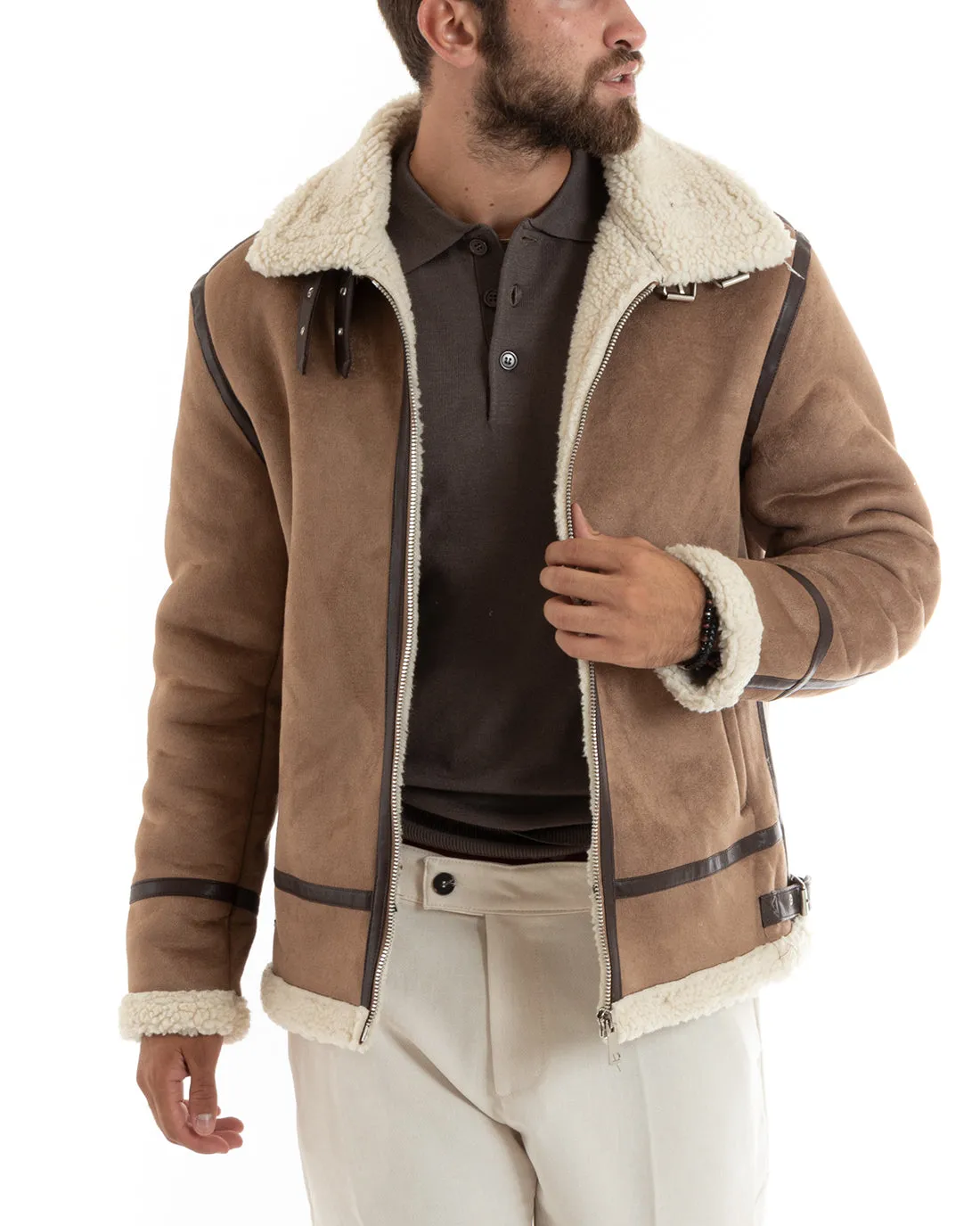 Giubbotto Uomo Giacca Montone Camel Aviatore Con Pelliccia Casual Double Face GIOSAL-G3103A