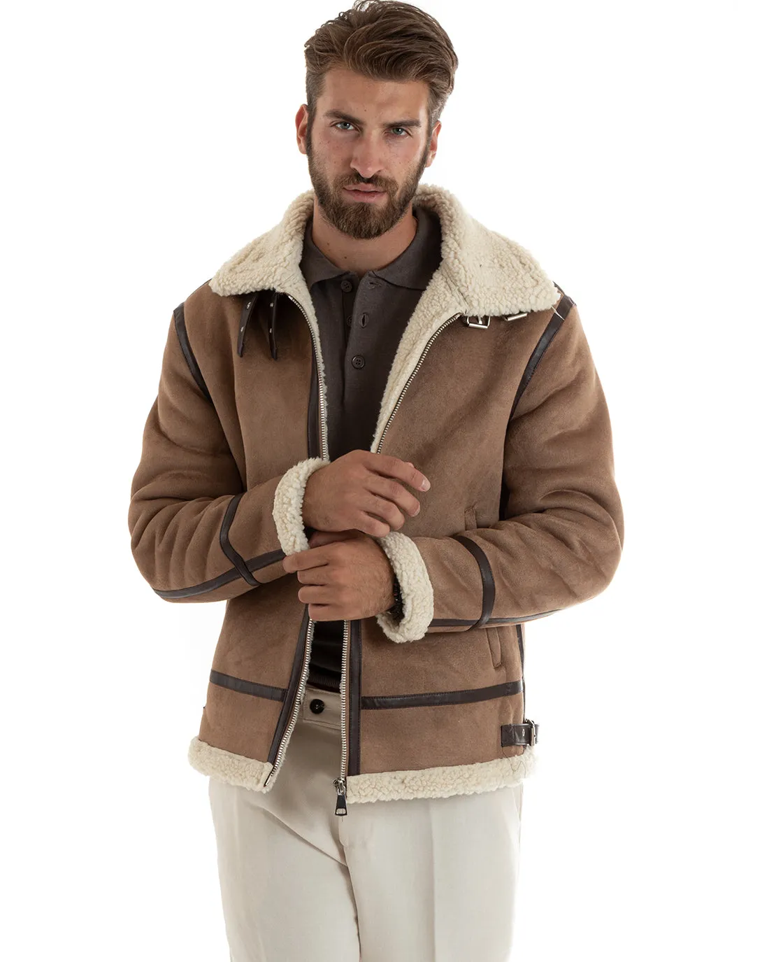 Giubbotto Uomo Giacca Montone Camel Aviatore Con Pelliccia Casual Double Face GIOSAL-G3103A