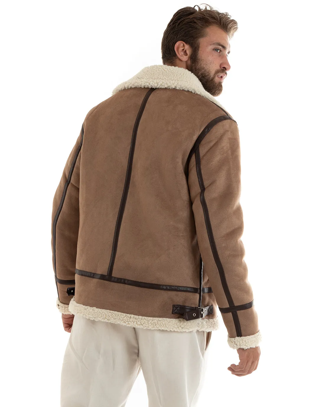 Giubbotto Uomo Giacca Montone Camel Aviatore Con Pelliccia Casual Double Face GIOSAL-G3103A